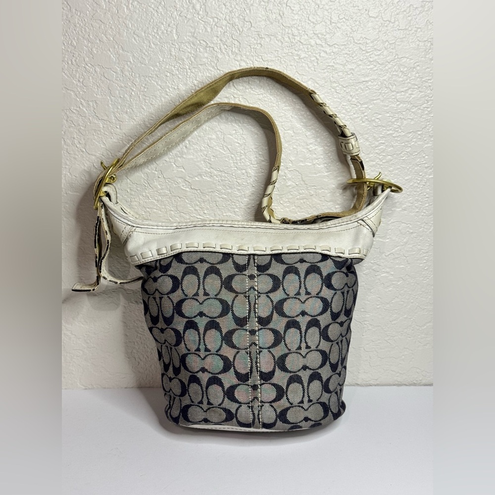 Coach Bleecker Signature Blue Denim Canvas White Leather Trim Shoulder Bag Y2K
